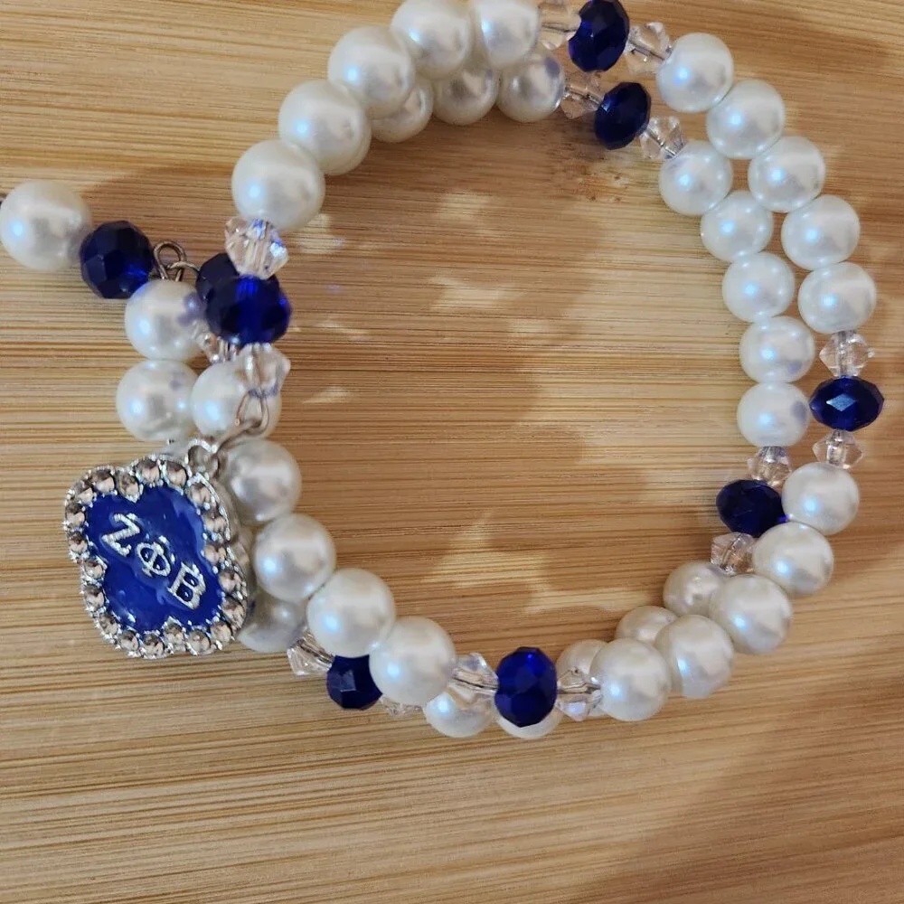 Handcrafted Zeta Phi Beta Charm Wrap Memory Wire Pearl Bracelet